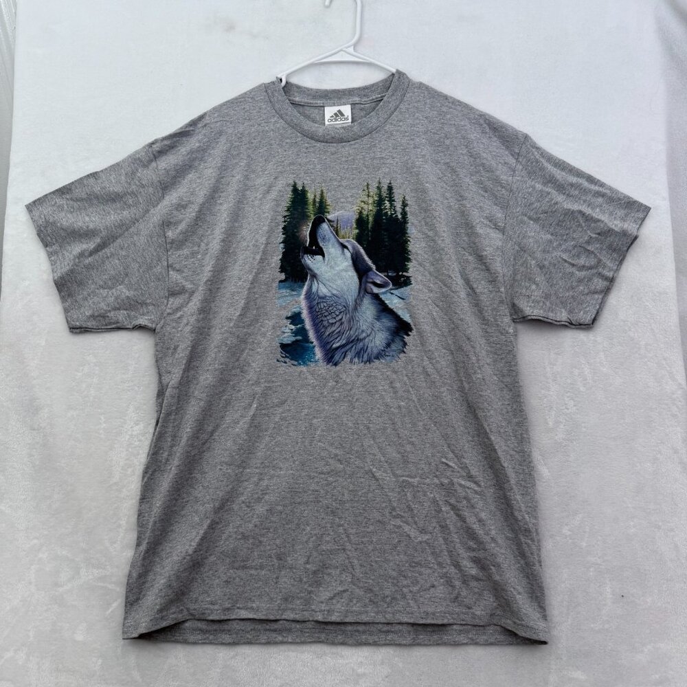 Vintage Adidas T Shirt Mens XL Gray Wolf Nature Animal Graphic Y2K